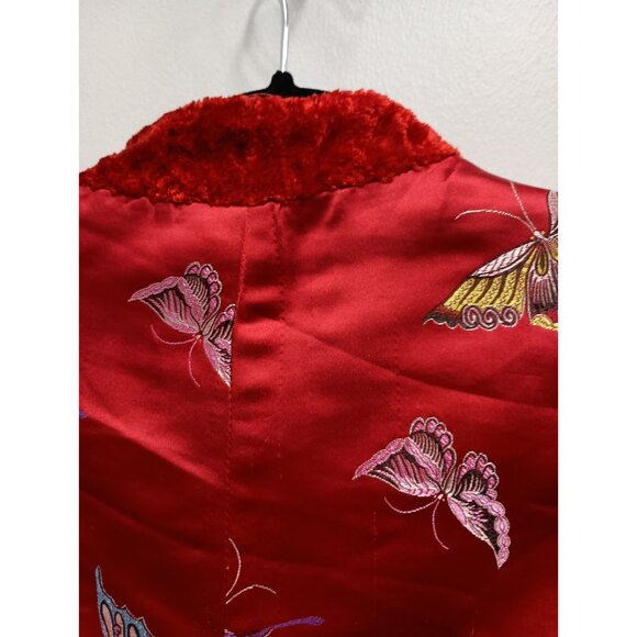 Vintage Jing Xia Womens Chinese Vest Sz Large Red Satin Butterfly Faux Fur Trim - Picture 10 of 10